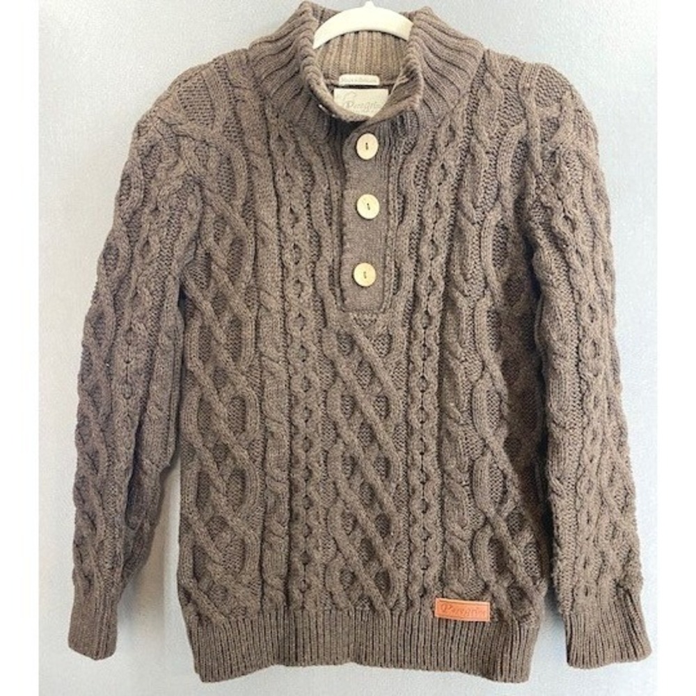 Peregrine Mens‎ M Wool Cable Knit Fisherman Sweater Brown Button Neck England